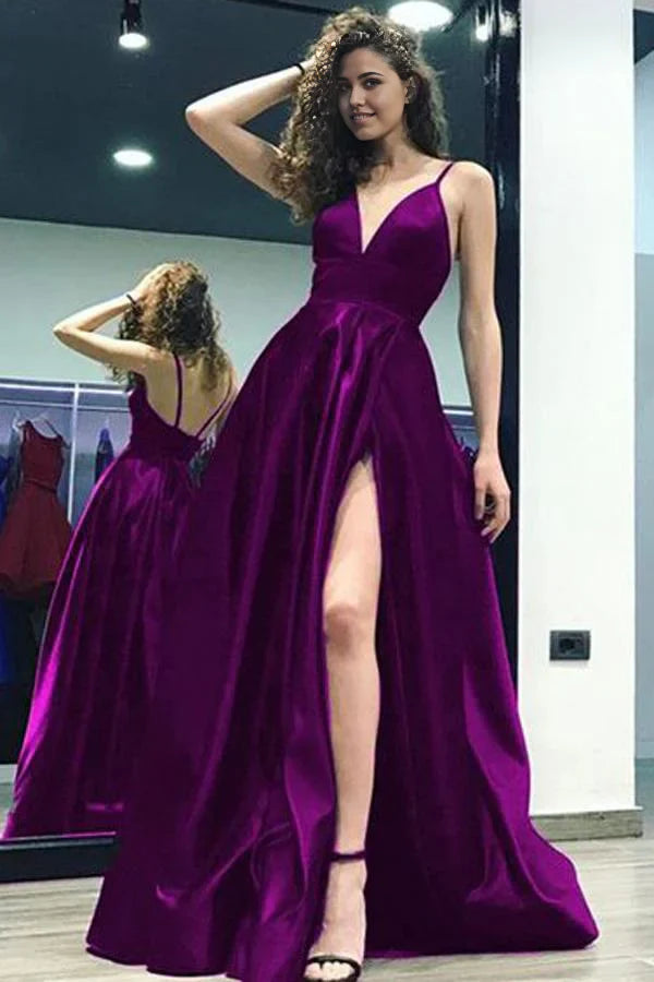 Vestido de fiesta largo de satén con tirantes, escote en V, abertura lateral y espalda descubierta